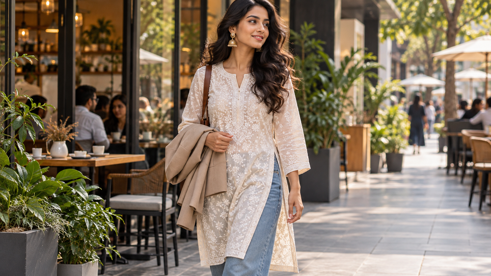 South Asian woman styling an embroidered cream kurta with denim and gold-tone jhumkas outside a modern café