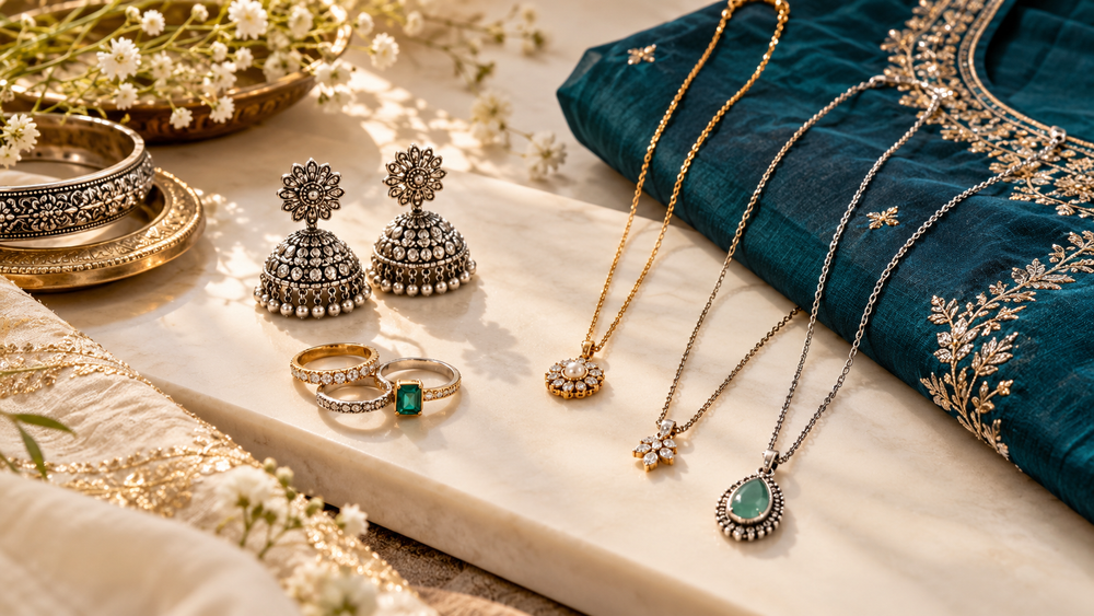 Layered necklaces, silver-tone jhumkas and rings arranged beside teal embroidered fabric