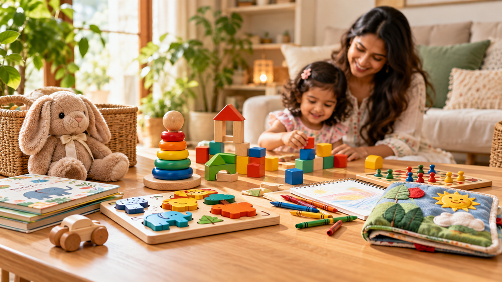 Parent and child playing with colourful blocks and creative toys at home
