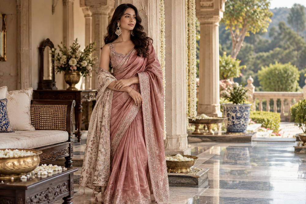 Custom editorial image of dusty rose saree and ivory drape for rewearable festive capsule wardrobe styling