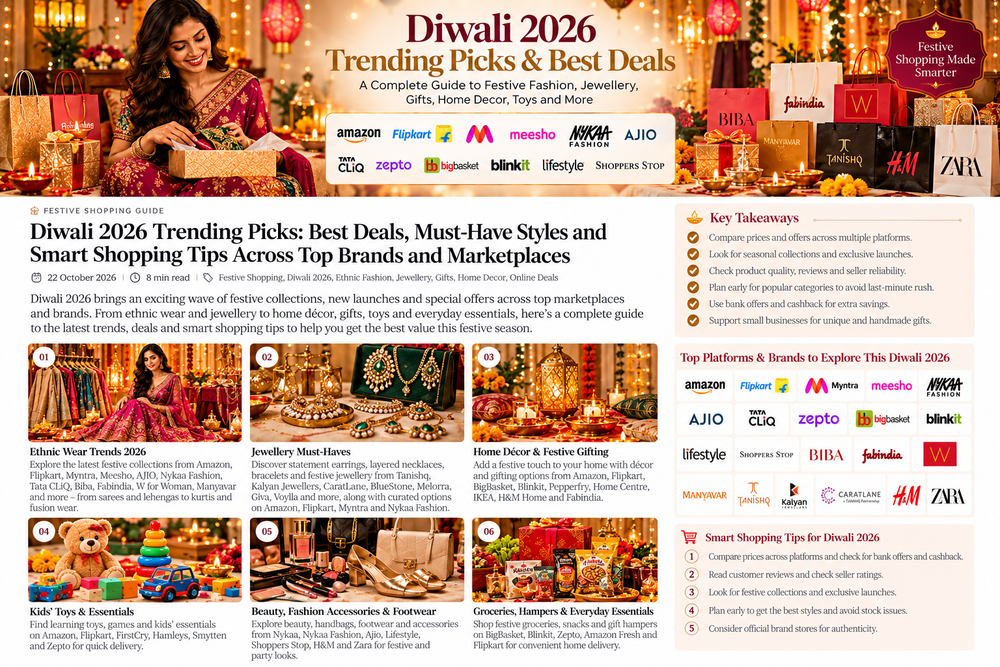 Diwali 2026 festive shopping editorial cover featuring fashion, jewellery, gifts, home décor, toys and major retail marketplaces