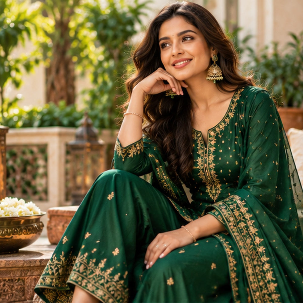 Emerald-green embroidered outfit as a versatile ethnic capsule wardrobe piece