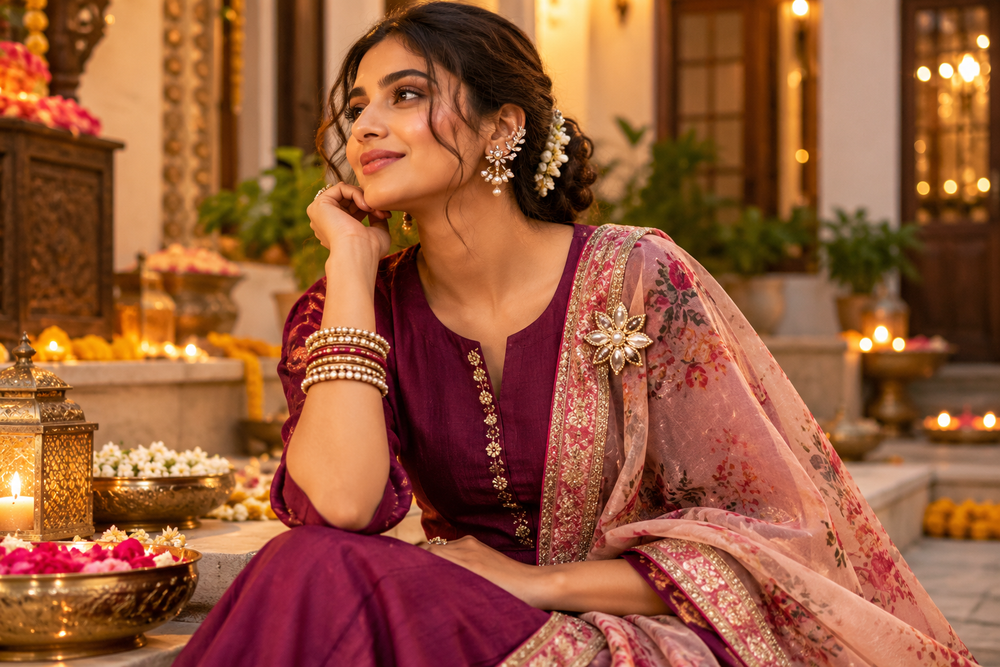 Festive Indian styling with statement brooch, floral hair jewellery and layered bangles