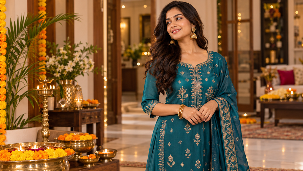Teal and gold embroidered ethnic wear styled in a festive Indian interior