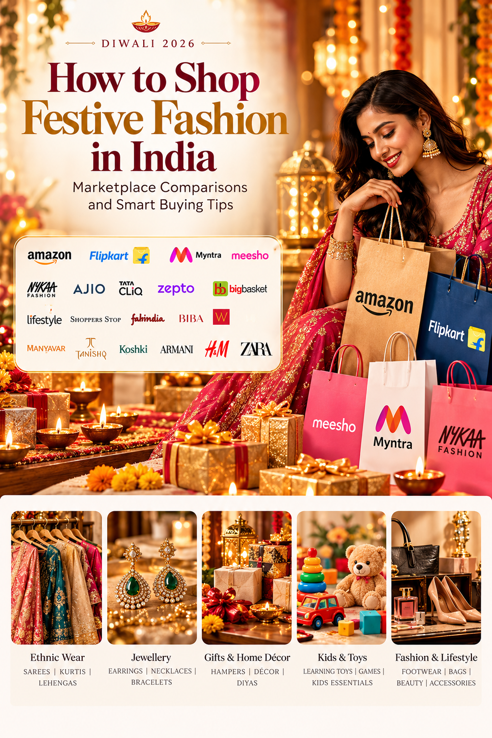 Diwali 2026 festive fashion shopping guide featuring Indian ethnic wear, jewellery, gifts, toys and lifestyle categories