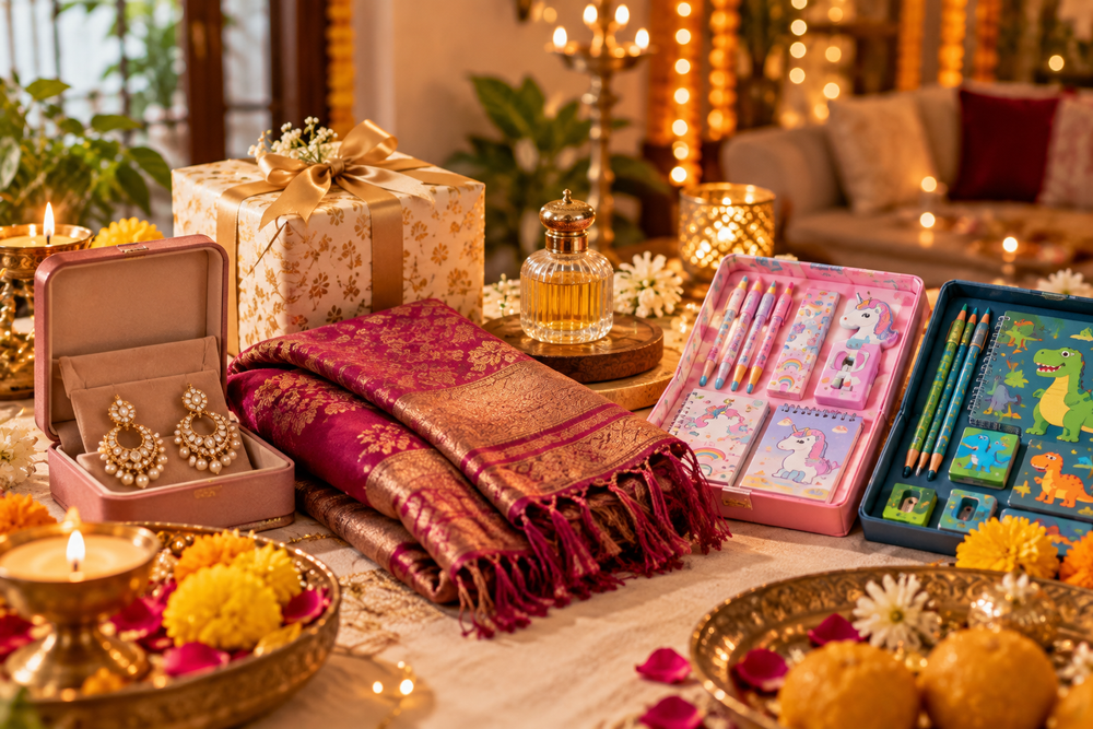 Diwali gift ideas including jewellery, shawl, kids stationery and fragrance arranged on a festive table