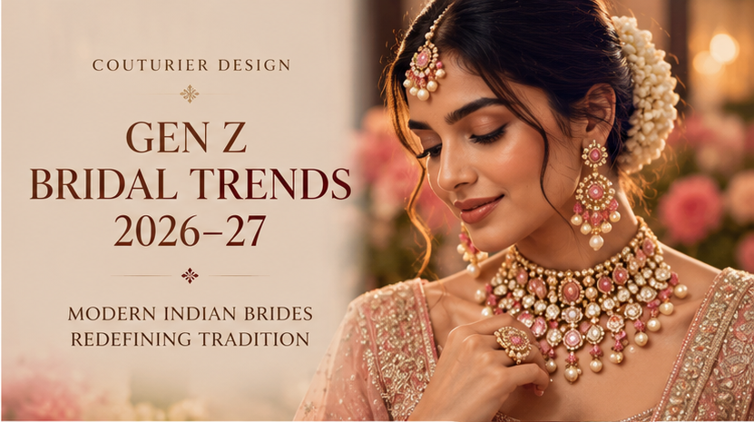 Modern Indian bride wearing a pink kundan necklace and matching earrings