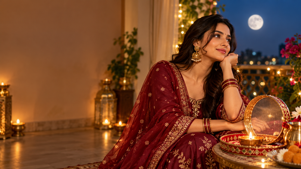 Maroon festive ethnic wear and Karwa Chauth thali beneath the moon