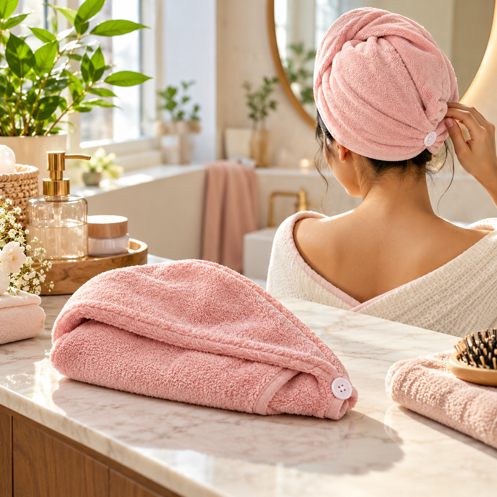 Pink microfiber hair towel wrap in a softly lit bathroom vanity setting