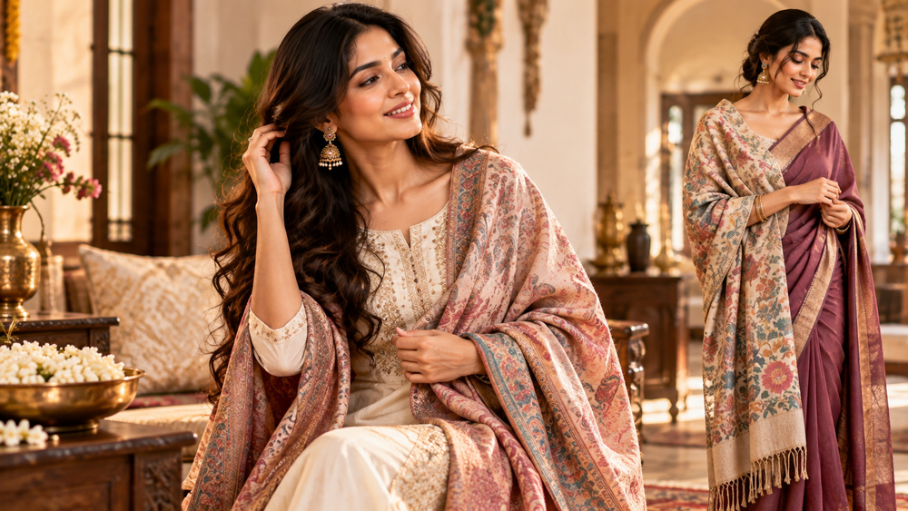 Women styling embroidered shawls with Indian ethnic outfits