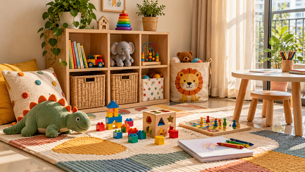 Organised small-space kids play corner with toy baskets, building blocks, soft mat and drawing table