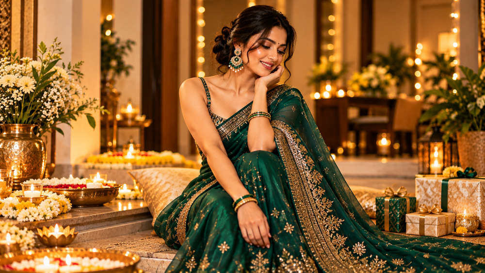 Emerald and gold festive saree styled for Couturier Design Sparkle Season