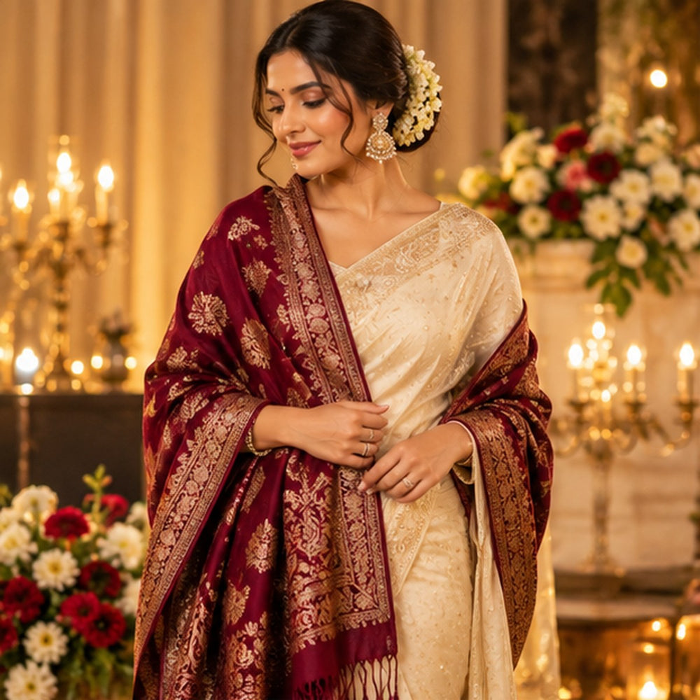 Ivory saree styled with a deep-maroon patterned shawl for a winter wedding