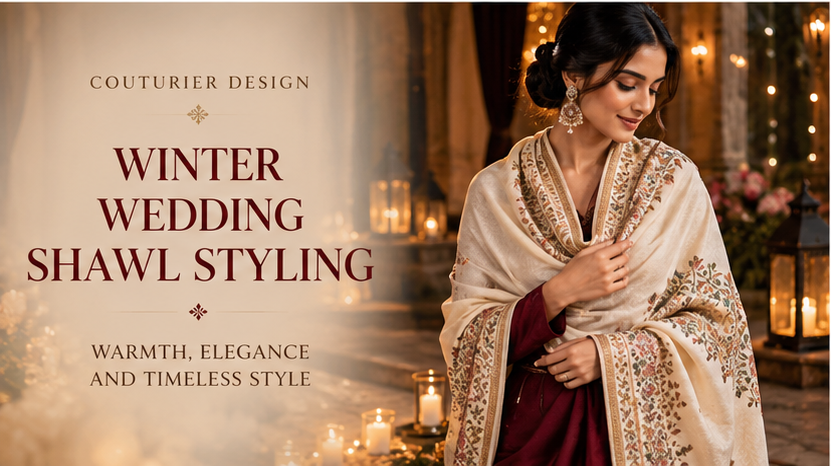 Indian wedding guest wearing an ivory embroidered shawl over festive ethnic wear
