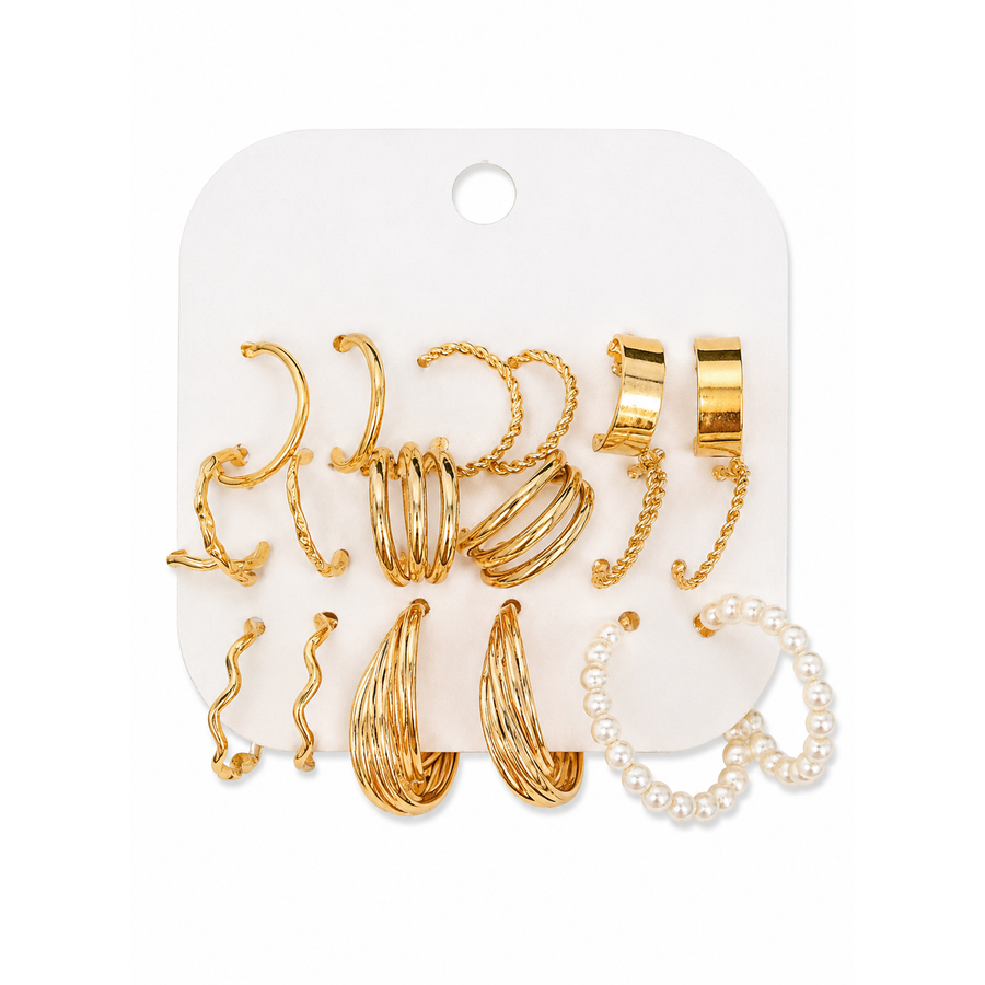 9-Pair Gold Tone Hoop & Pearl Earrings Set for Women - Gold hoop earring set with chunky hoops, chain hoops, and pearl bead hoop styles
