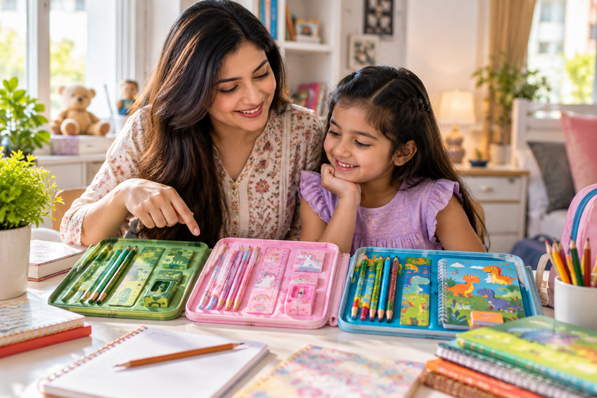 Mother and child choosing colourful kids stationery sets for school and study