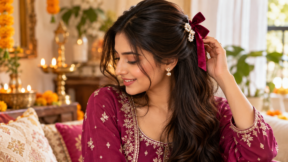 Festive hairstyle with burgundy bow and pearl hair clip paired with a maroon embroidered outfit