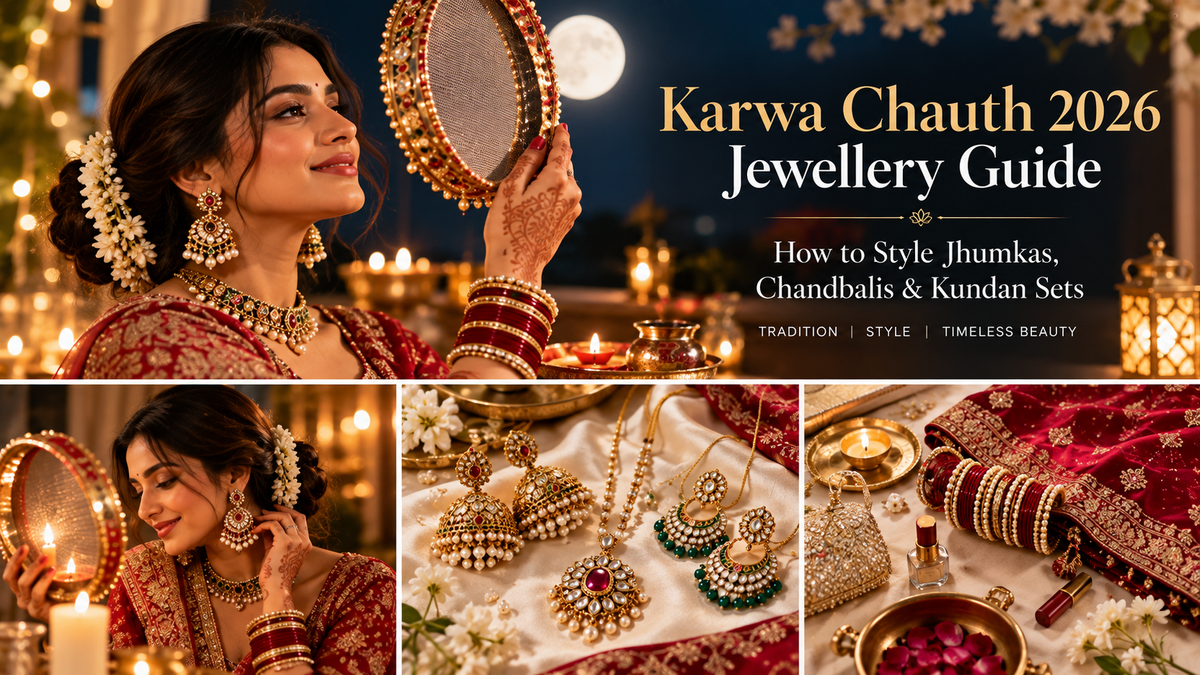 Karwa Chauth 2026 jewellery guide with jhumkas, Chandbalis and Kundan festive styling