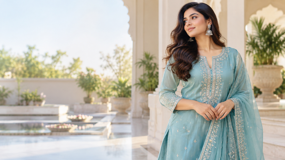 Aqua blue embroidered Indian outfit styled for contemporary festive dressing