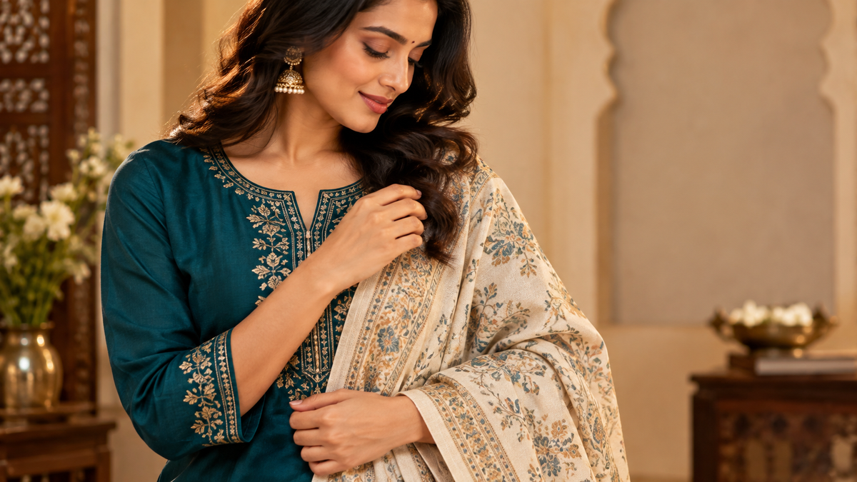 Teal kurta paired with an ivory patterned shawl in a warm interior