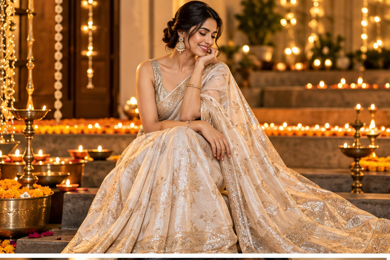 Ivory and gold Diwali 2026 saree styling with festive lights