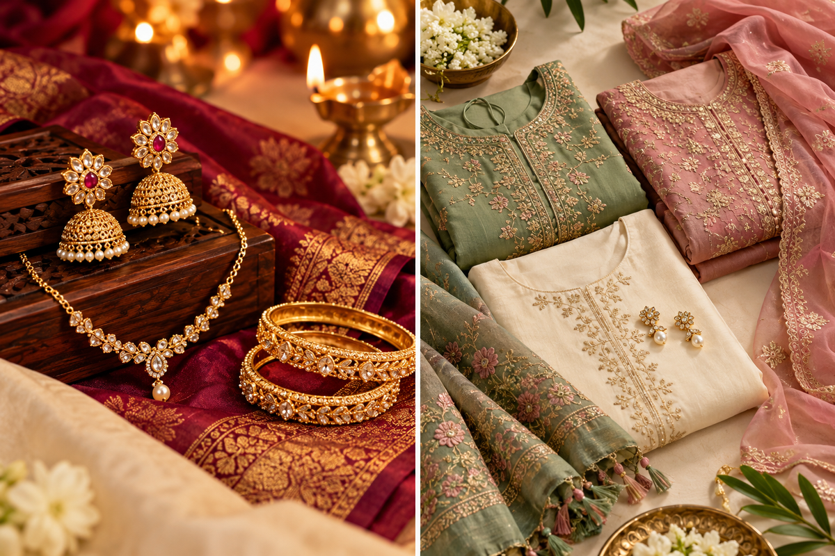 Diwali festive jewellery and Indian ethnic outfits in maroon, gold, sage and dusty rose
