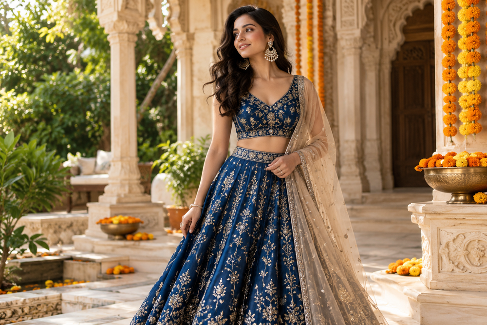 Custom editorial image of royal blue lehenga and champagne dupatta for November wedding guest styling