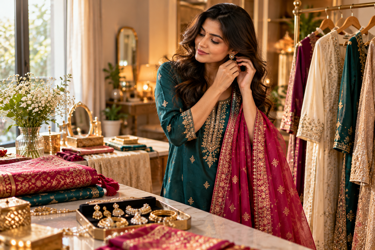 Woman styling a teal embroidered kurta and magenta dupatta with gold earrings beside folded festive fabrics and a jewellery tray.