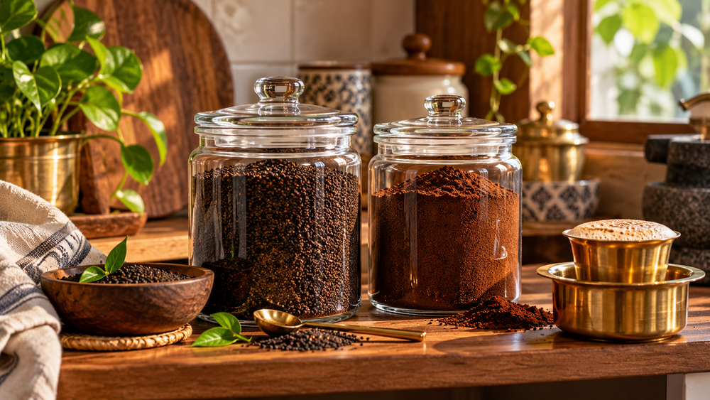 Glass jars of CTC tea and filter coffee powder beside a South Indian filter coffee tumbler