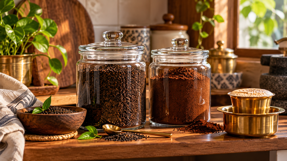 Glass jars of CTC tea and filter coffee powder beside a South Indian filter coffee tumbler