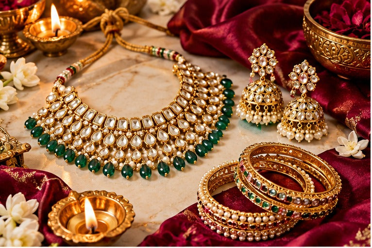 Dhanteras 2026 jewellery editorial with Kundan necklace, jhumkas and bangles