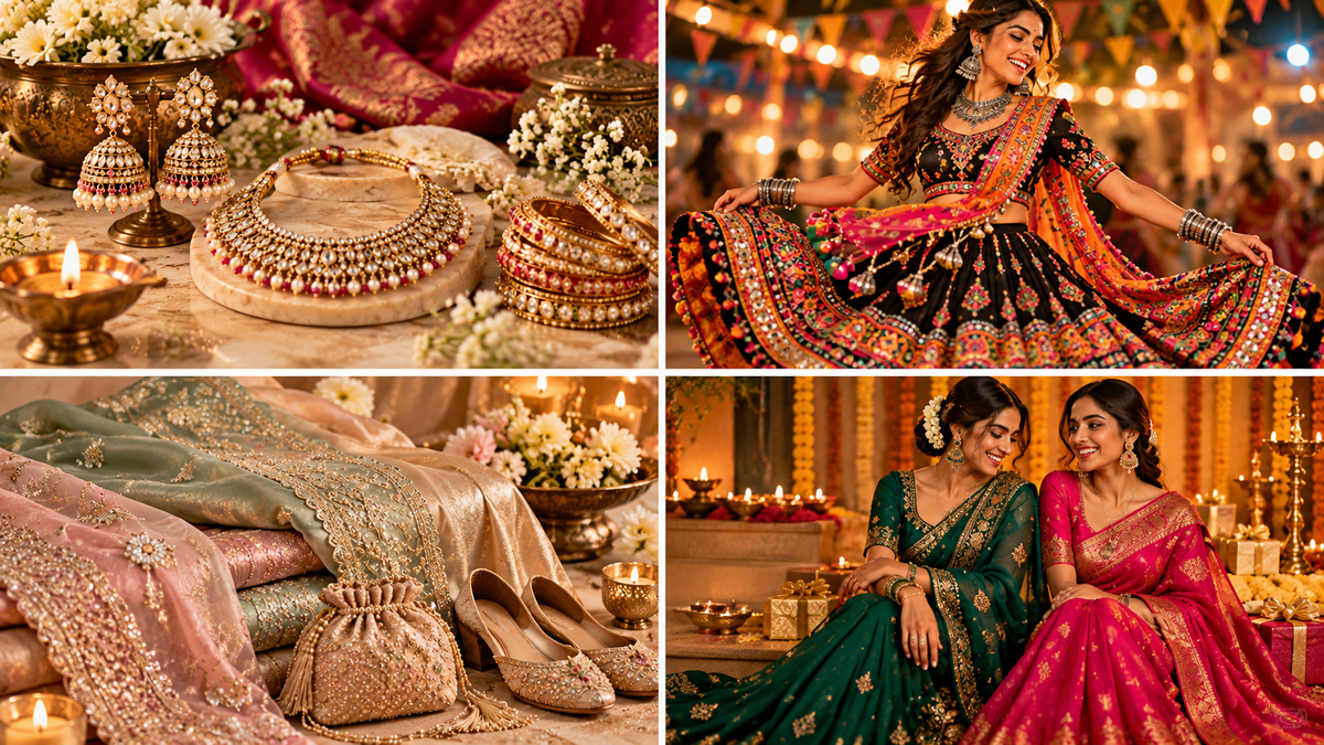 Diwali festive fashion editorial with emerald green and rani pink ethnic wear, jewellery and diya décor