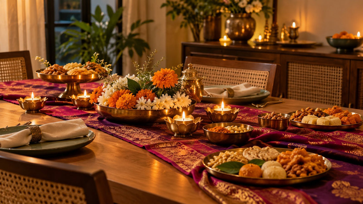 Modern Diwali hosting table with plum textile runner, brassware, marigold flowers and festive snacks