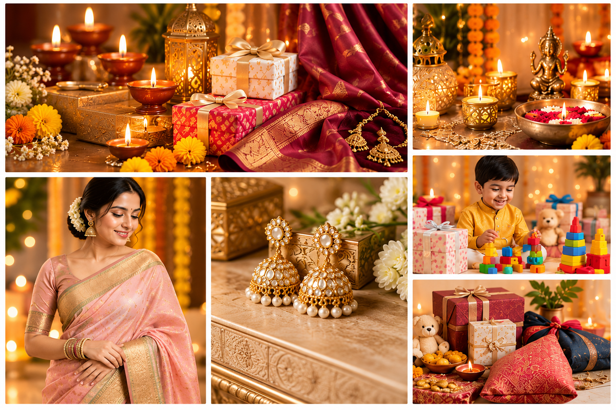Illustrative Diwali scene with festive clothing, jewellery, home décor, toys and gifts; editorial artwork, not market data.