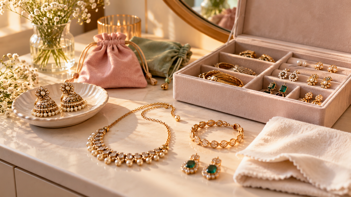 Fashion jewellery and festive accessories arranged on a vanity in warm light; illustrative editorial image, not a representation of gold prices.