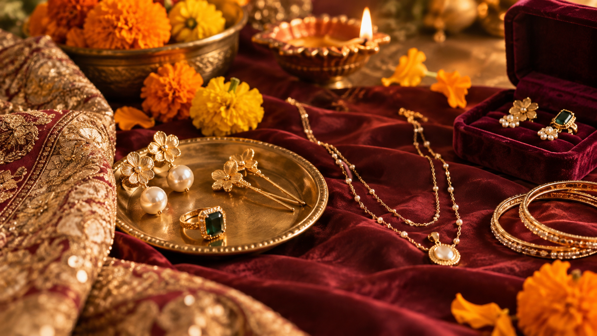 Diwali-inspired jewellery flat lay with pearl earrings, bangles, necklaces, marigolds and diya light