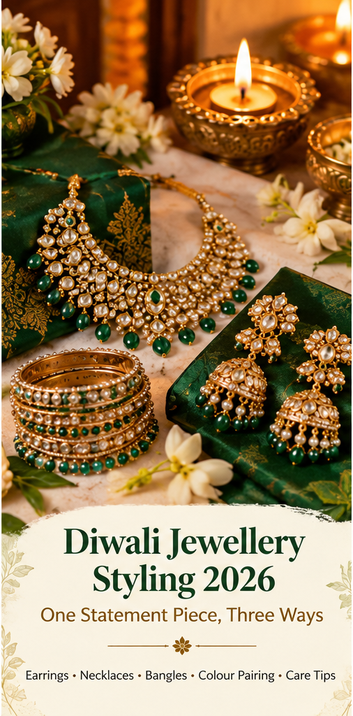 Green and gold kundan jewellery, bangles and diyas for Diwali jewellery styling