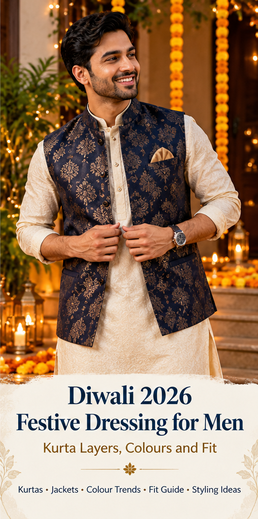Man wearing an ivory kurta and navy embroidered Nehru jacket for Diwali festive dressing