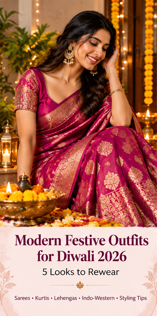 Modern festive outfit styling with magenta silk saree and gold jewellery for Diwali 2026
