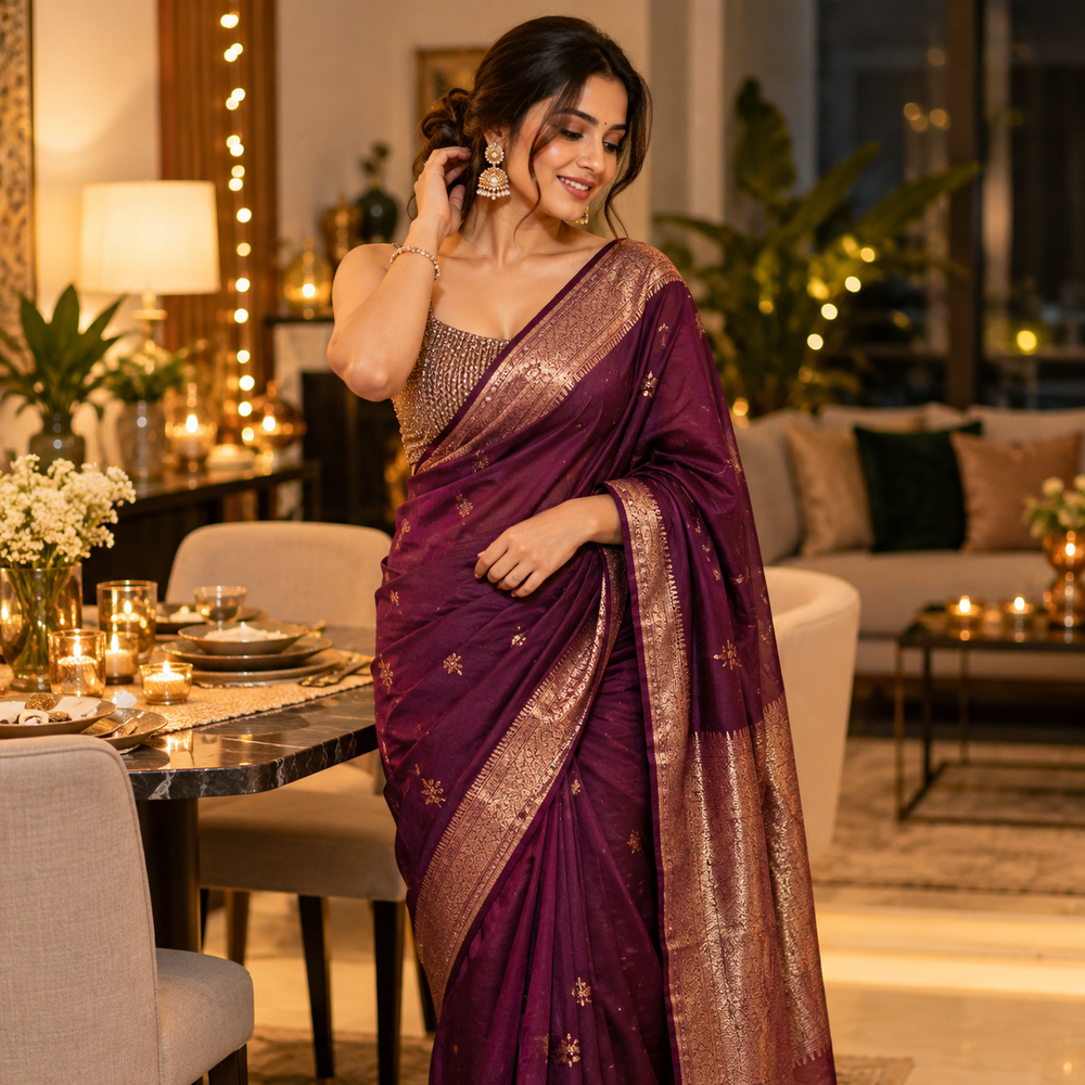 Woman styling a plum festive saree for an intimate Diwali dinner