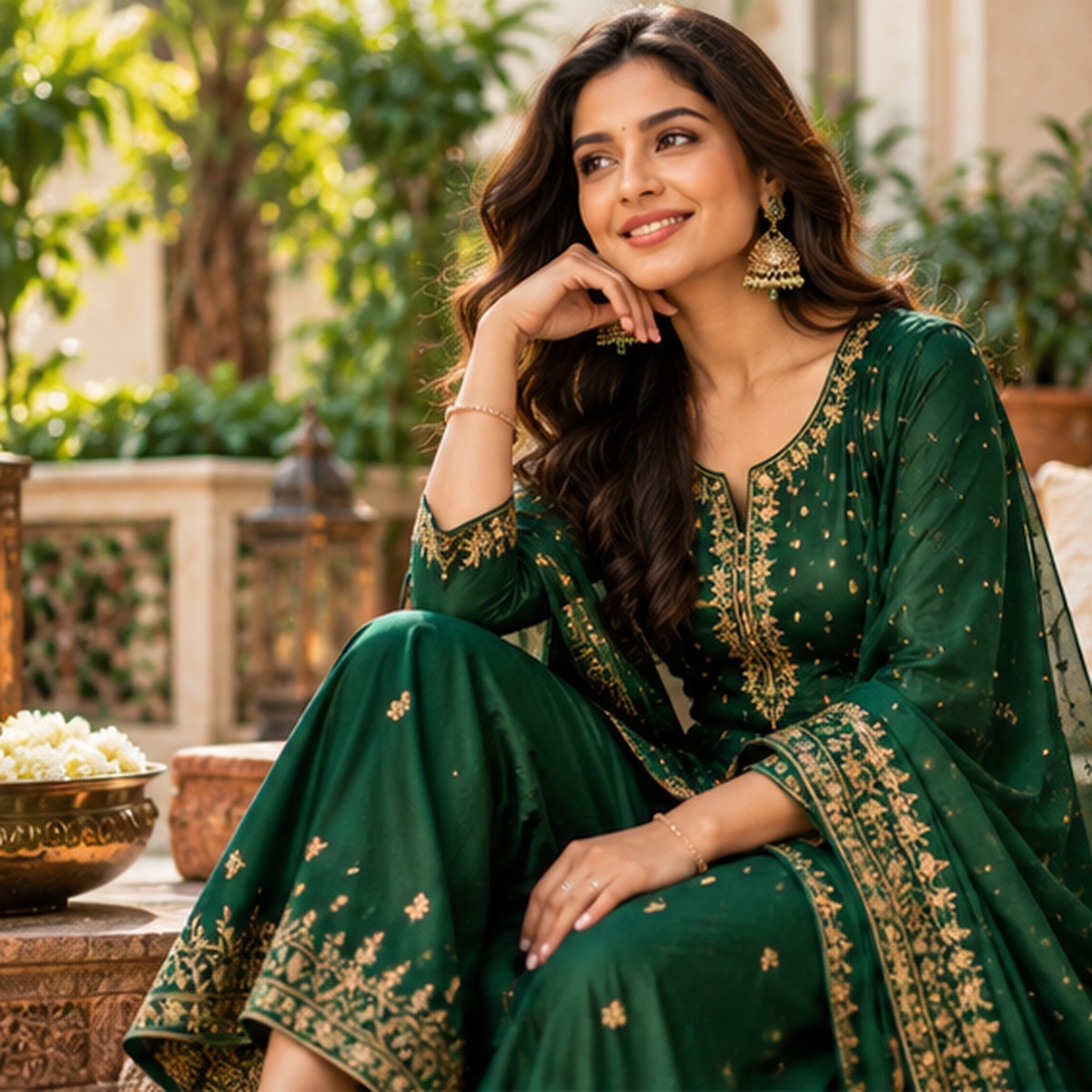 Emerald-green embroidered outfit as a versatile ethnic capsule wardrobe piece