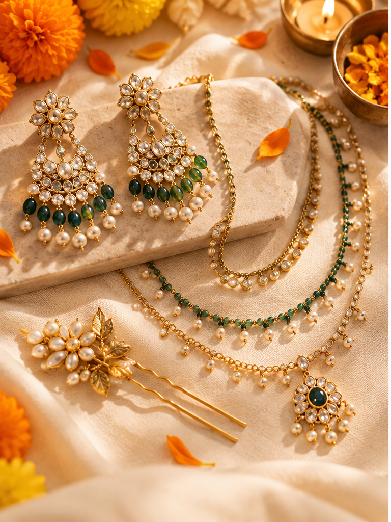 Festive Indian jewellery flat lay with pearl drops, layered necklaces, green gemstones and floral hairpins