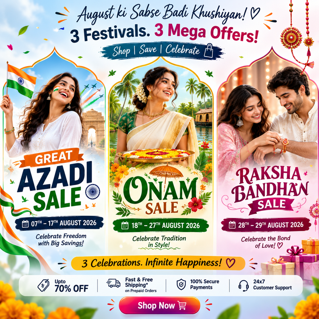 August Mega Sale 2026 banner featuring Great Azadi Sale (07–17 August 2026), Onam Sale (18–27 August 2026) and Raksha Bandhan Sale (28–29 August 2026) with festive fashion, jewellery, accessories and shopping offers by Couturier Design.
