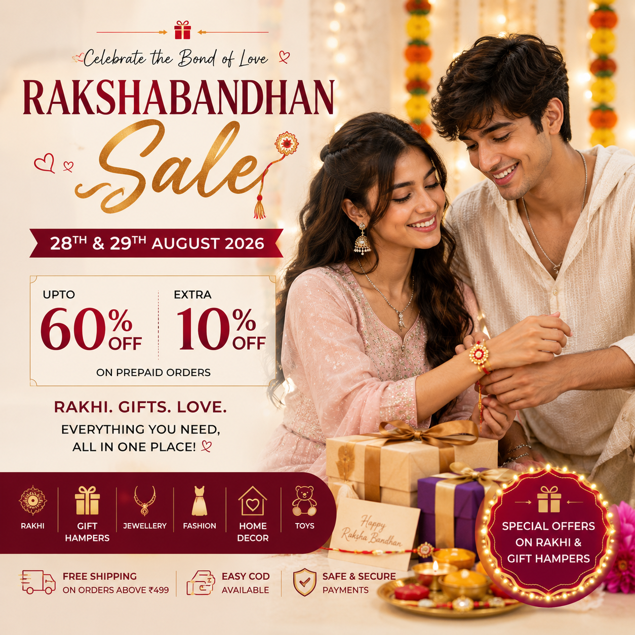 Raksha Bandhan Sale 2026 | Up to 60% OFF on Fashion, Jewellery, Gift Hampers & More | 28th–29th August 2026