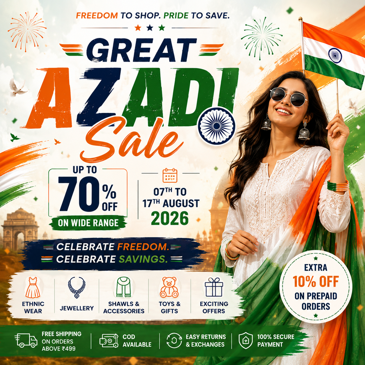 Great Azadi Sale August 2026 banner featuring up to 70% off on ethnic wear, jewellery, accessories and gifts during the August online shopping sale in India.