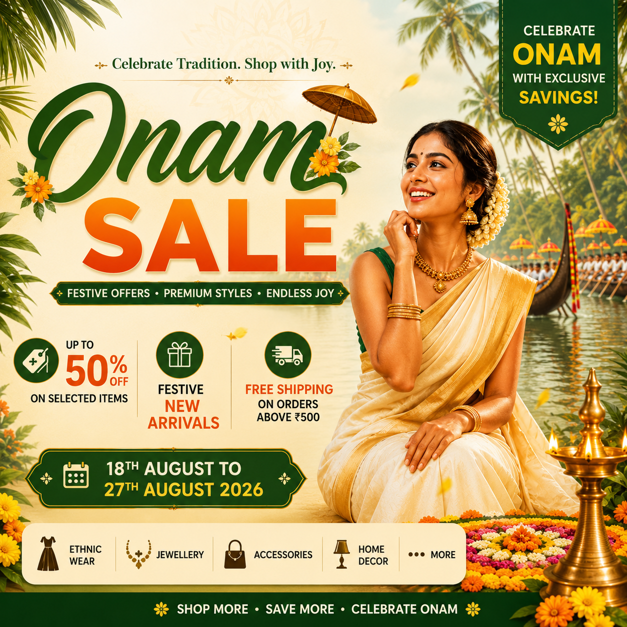 Onam Sale 2026 featured banner showcasing festive ethnic wear, sarees, jewellery, accessories and August shopping offers at Couturier Design with premium Onam fashion deals.