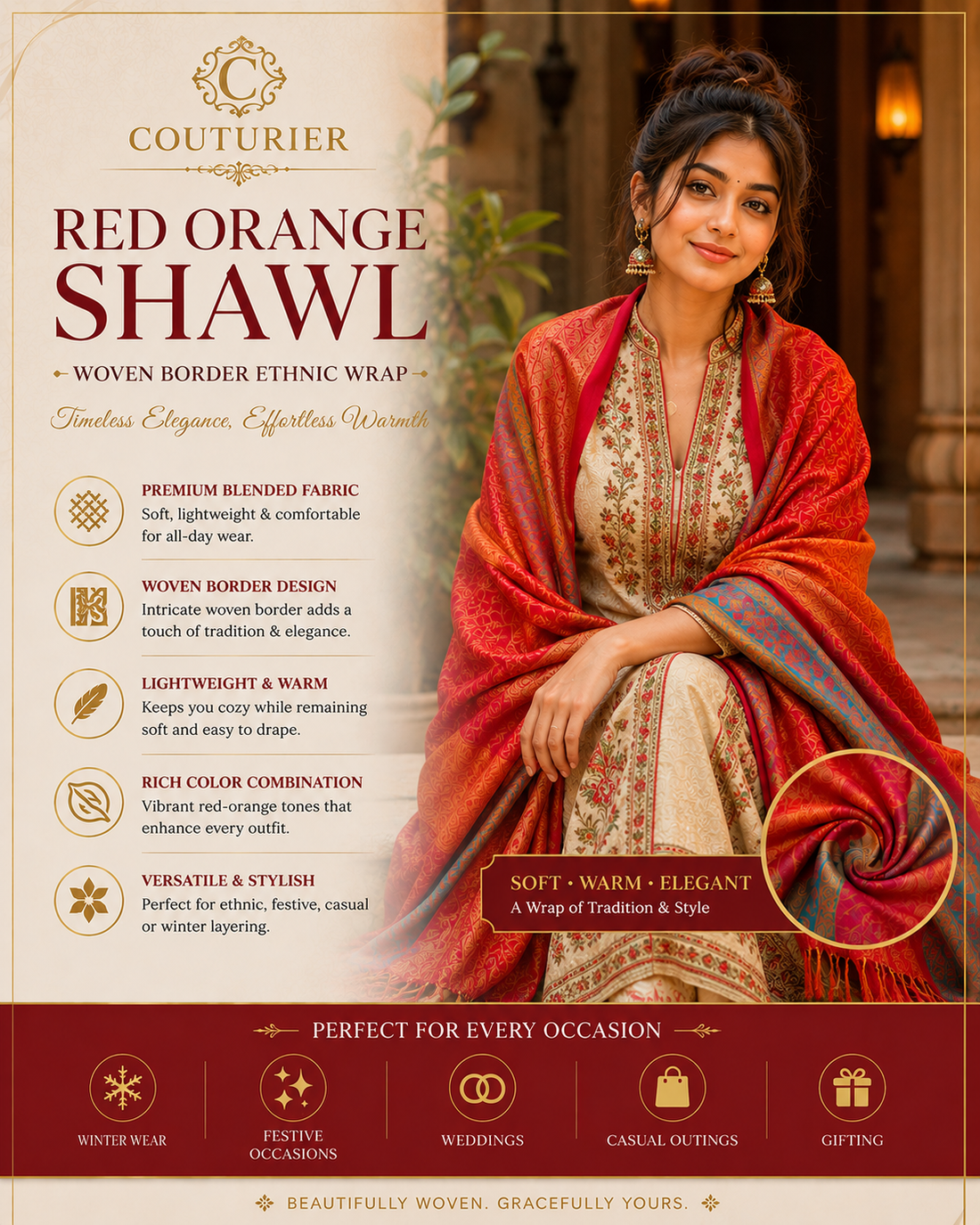 Red Orange Shawl: The Perfect Blend of Tradition and Contemporary Style - Couturier Design