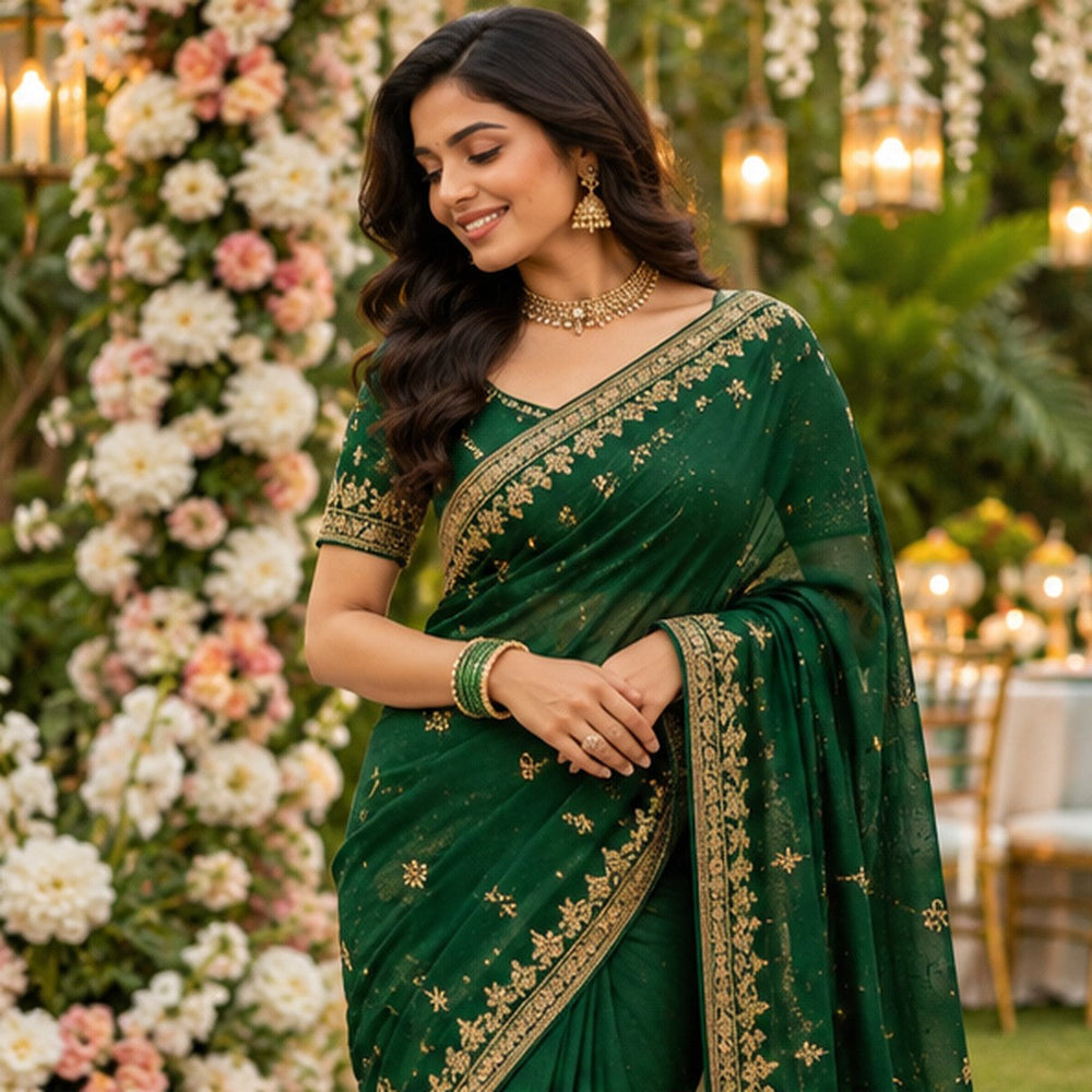 Bride-inspired guest styling in emerald-green saree and gold jewellery