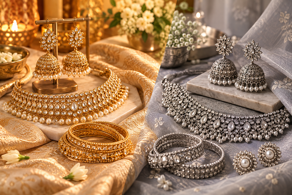 Gold-tone and silver-tone jewellery styled side by side for Indian festive outfits