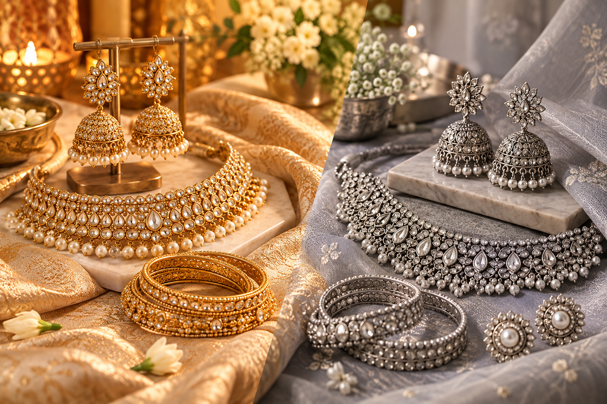 Gold-tone and silver-tone jewellery styled side by side for Indian festive outfits